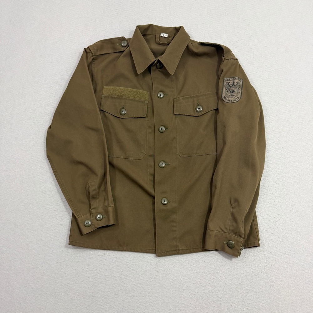 Vintage Austrian Military Shirt Large Brown Bundesheer 1981 Field Jacket Patch